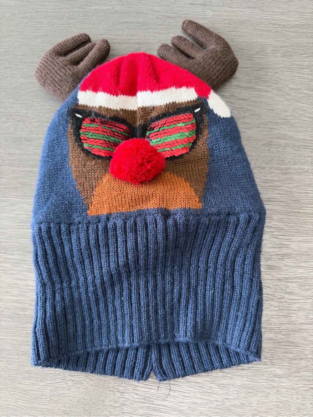 Kids Reindeer Knit Pom-Pom Hat - Blue & Red